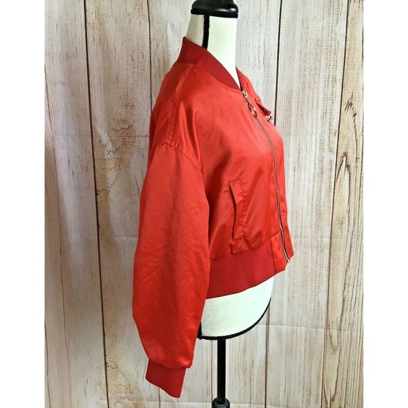 Max Martin Red Satiny Cropped Bomber Jacket Sz L - Picture 3 of 12